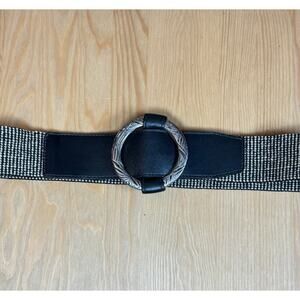 Womens Belt Wide Stretch Silver Made in USA Black Leather Medium Quiet Luxury